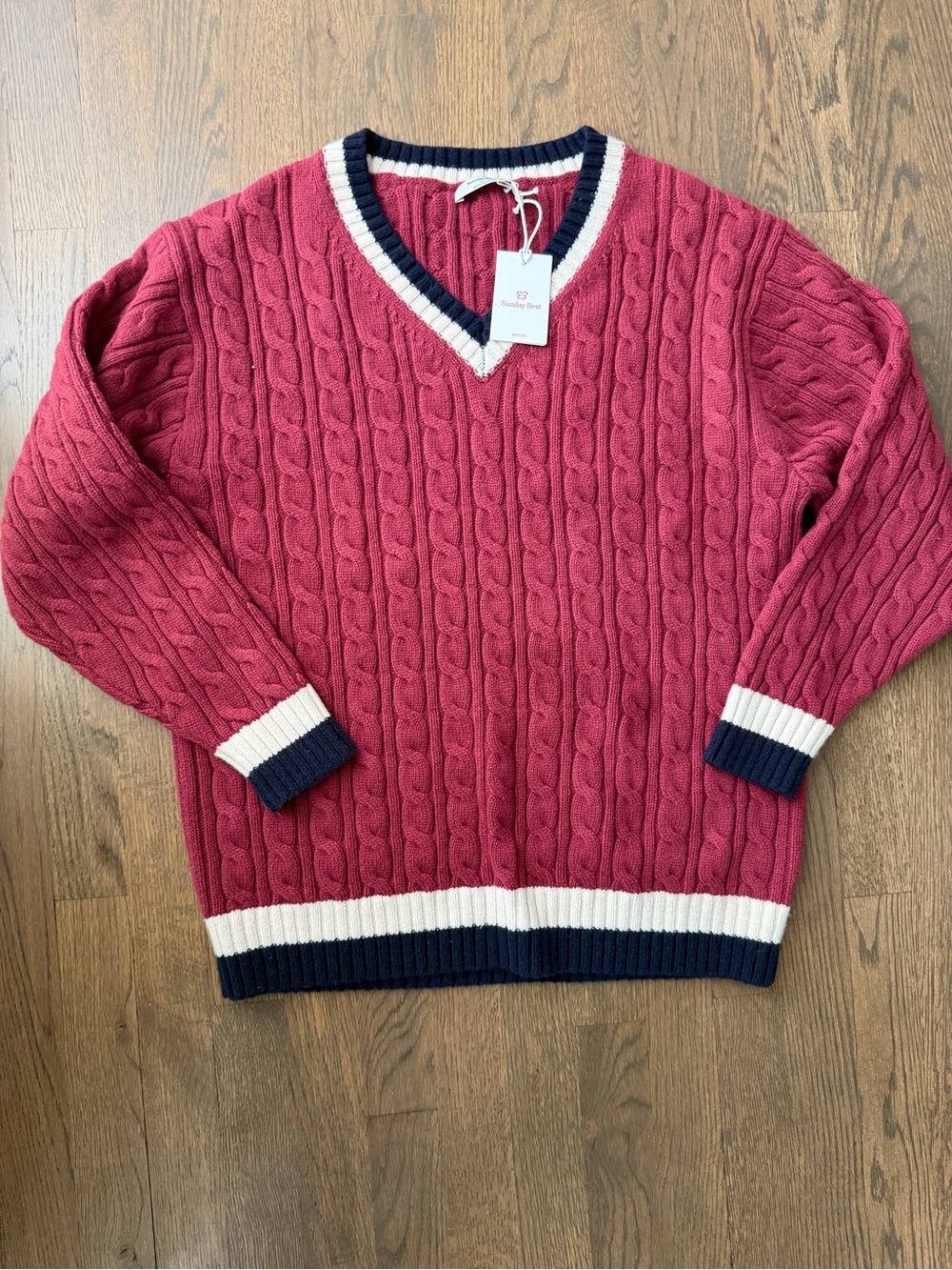 Sunday Best Aritzia Cable Knit V-Neck Sweater in Berry with Contrast Trim